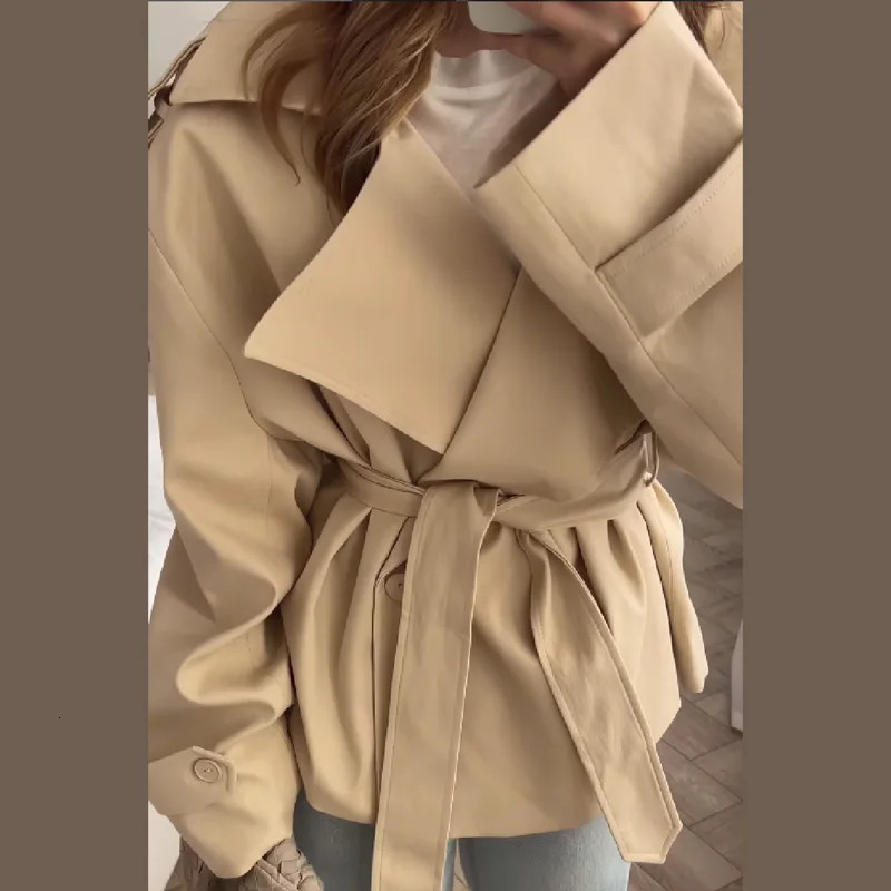 Womens Elegant Loose Lace Up Trench Coats Casual Solid Lapel Full Sleeves Jackets 2025 Autumn Lady High Street Outerwears 251028