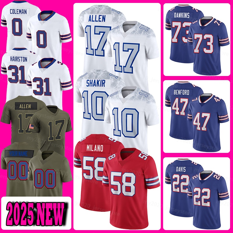 17 Josh Allen Football Jerseys 10 Khalil Shakir 73 Dion Dawkins Christian Benford Ray Davis Matt Milano Keon Coleman Maxwell Hairston Dalton Kincaid Greg Rousseau