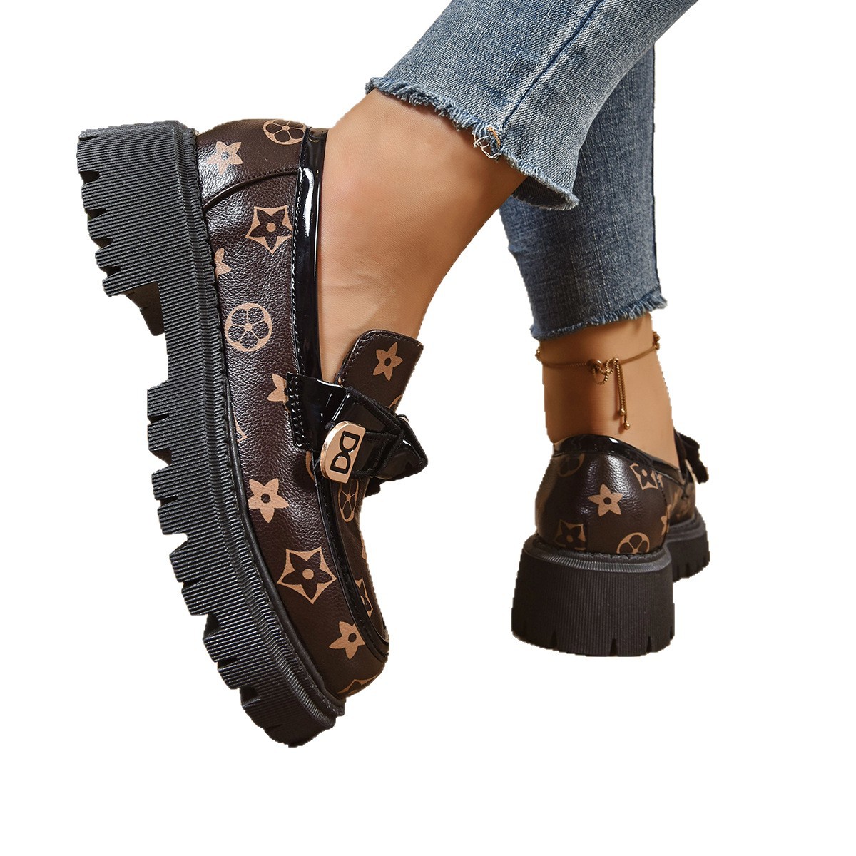 free Shipping Fashionable leather shoes with simple autumn round toe retro style thick heel lightweight comfortable one foot fashion versatile shoe De