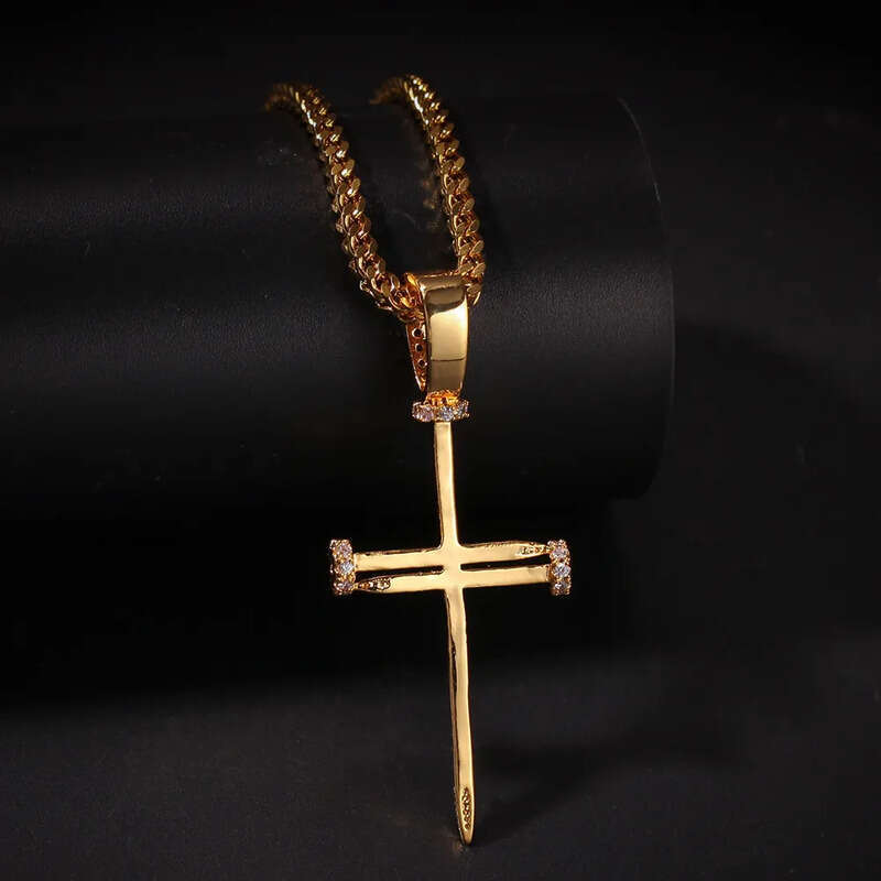 Hip Hop Nail Cross Pendant Necklace TopBling Religious Jewelry Full Cubic Zirconia Real Gold Plated