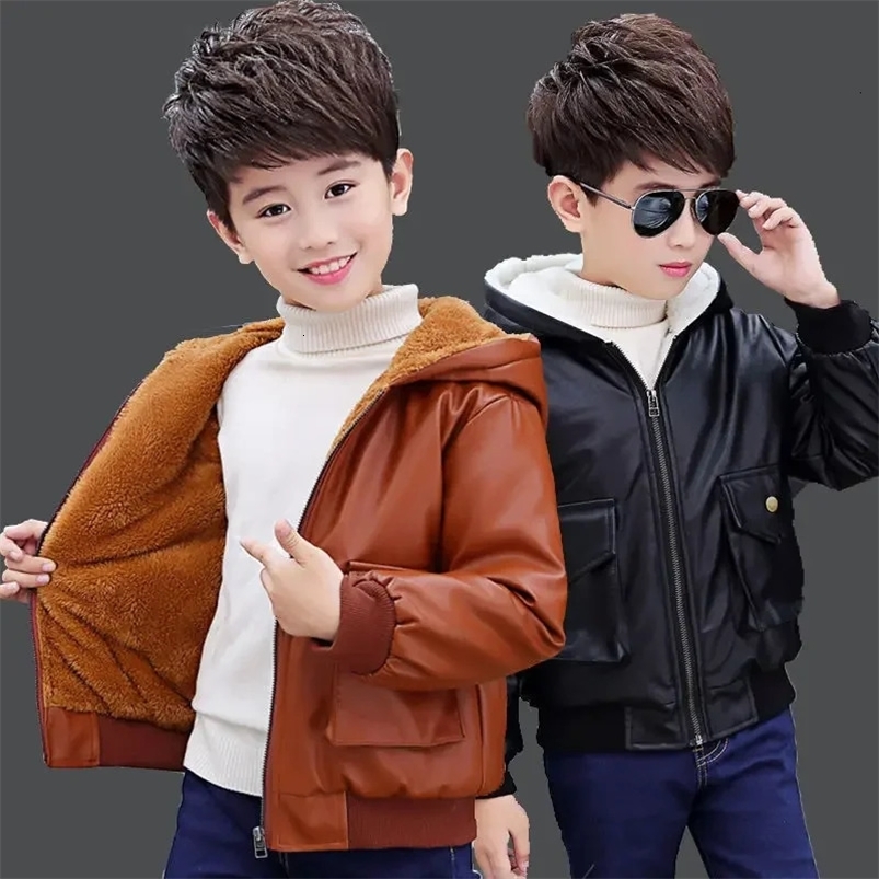 6 9 10 12 year old children boys and girls hooded fur zipper bicycle leather jacket winter warm wool jacket childrens jacket 241023