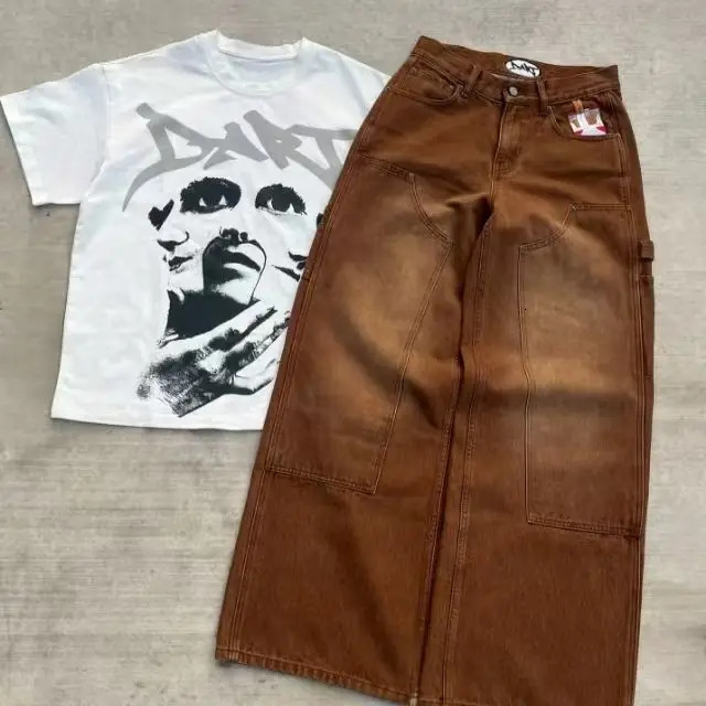 Washed and worn straight tube cigarette embroidered jeans mens womens personalized street loose casual pants 250929 - view 6