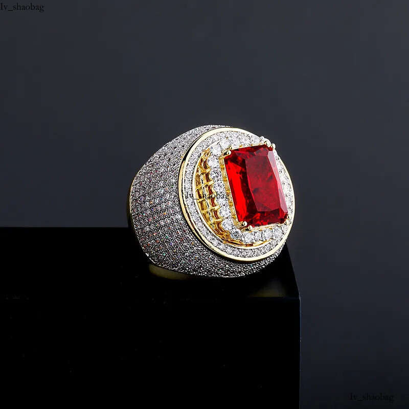 Luxurious Men's Gold Hip Hop Ring Jewelry Featuring Sparkling Dias and Rubies 825 aaa