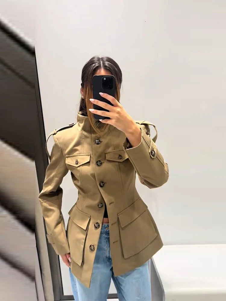 2025 Autumn Stand Collar Long Sleeve Jacket for Women Casual Pockets Solid Female Trench Coats Fashion Lady Outerwear Street 250930