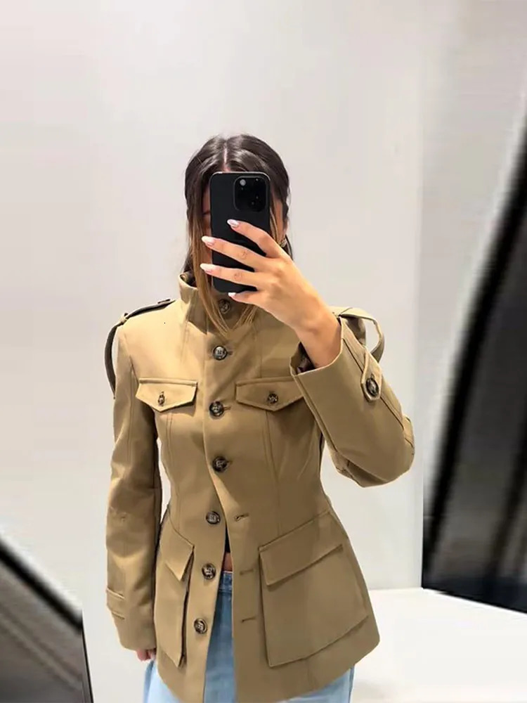 2025 Autumn Stand Collar Long Sleeve Jacket for Women Casual Pockets Solid Female Trench Coats Fashion Lady Outerwear Street 250930
