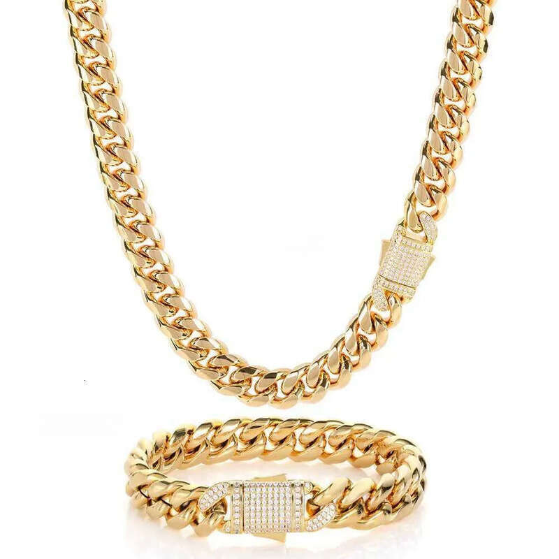 Hip Hop Miami Titanium Steel Mens Nece Bracelet Set with Zircon Spring Buckle Cuban Link Gold Chain Popular Jewelry chains