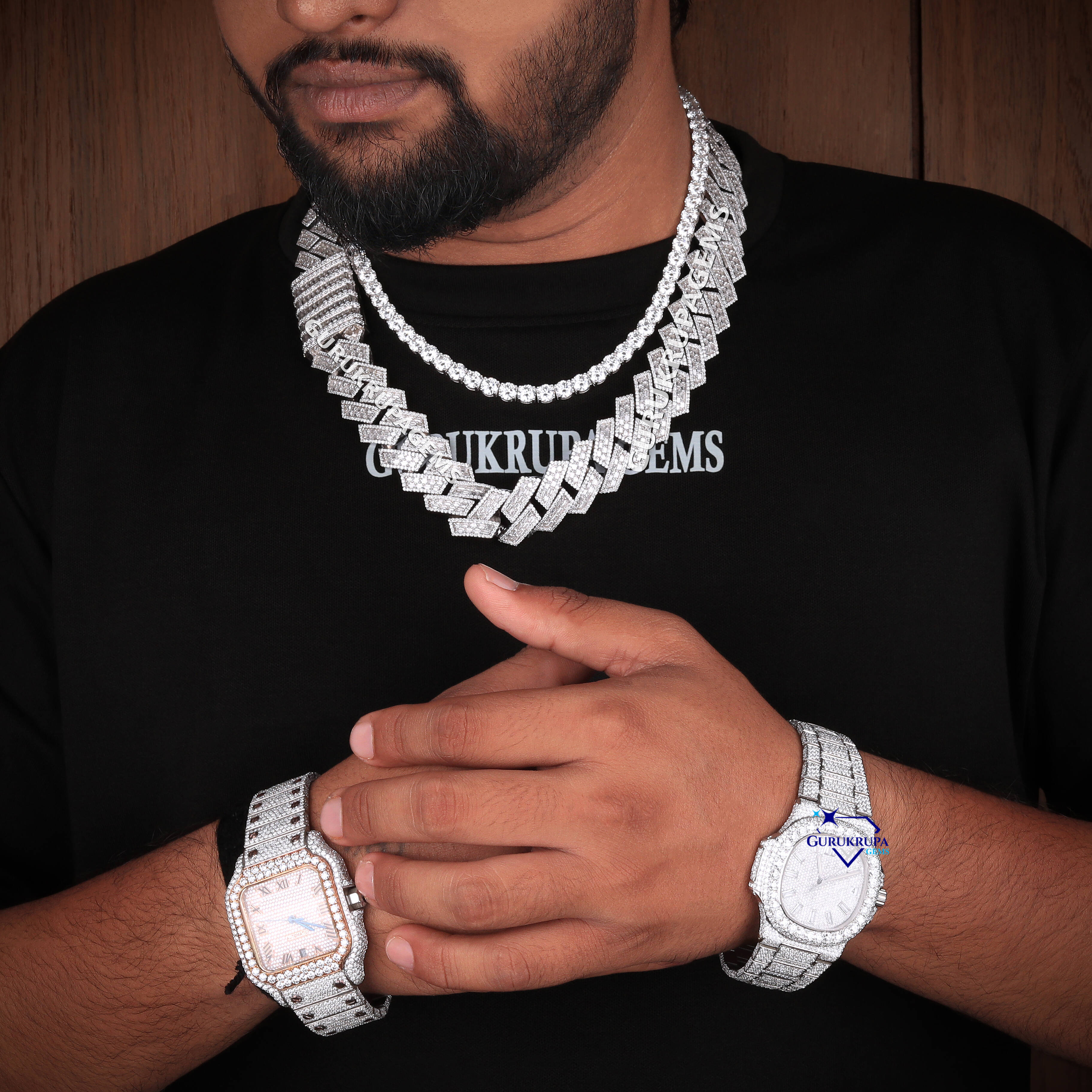 Premium 925 Silver Moissanite Chain with Matching Diamond Watch Iced Out Cuban Set for Men Stylish Hip Hop Bling