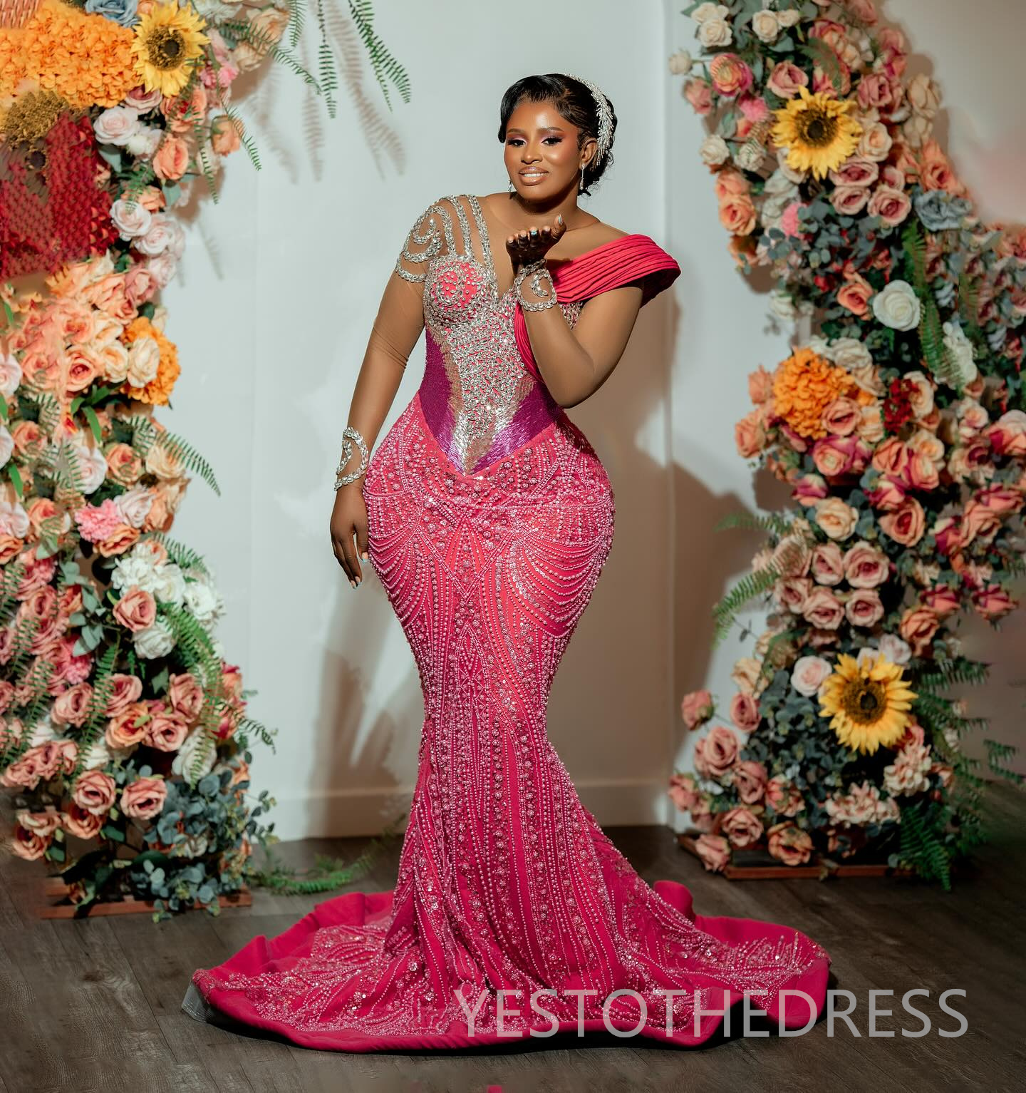 2025 Plus Size Pink Prom Dress Evening Dresses Formal Gowns Illusion Mermaid Sheer Neck Long Sleeves Beaded lace Birthday Dress Second Reception Gown 