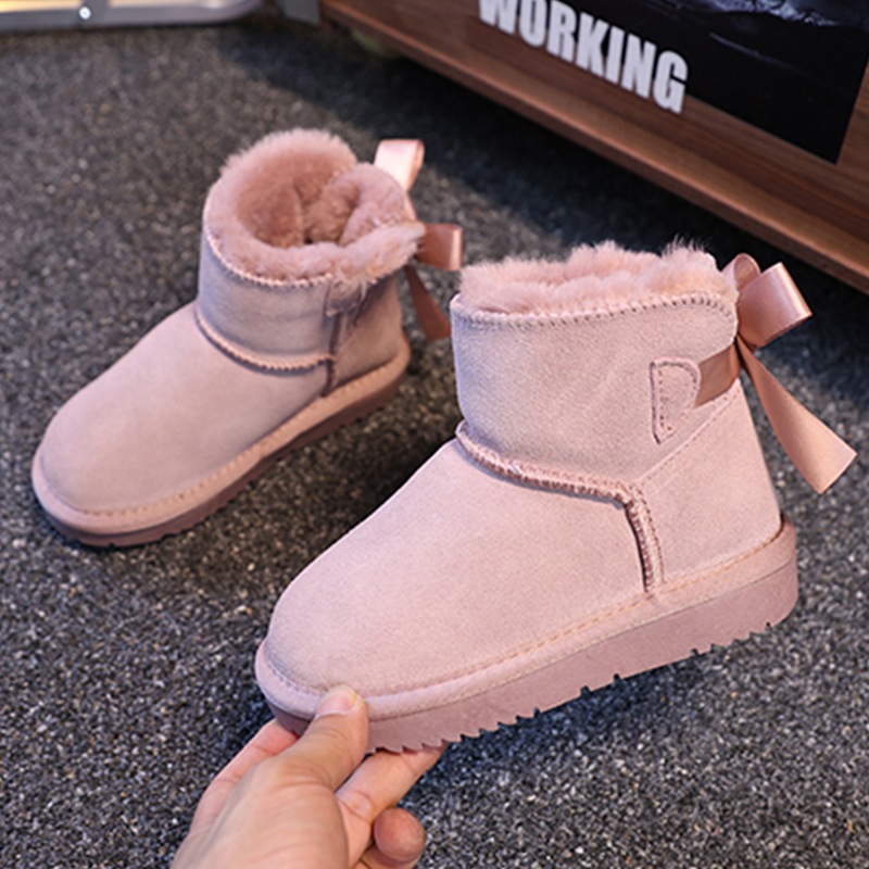 EBV designer shoes free shipping High quality cowhide new warm and anti slip fashionable bow children's snow boots size 25-36 black brown pink