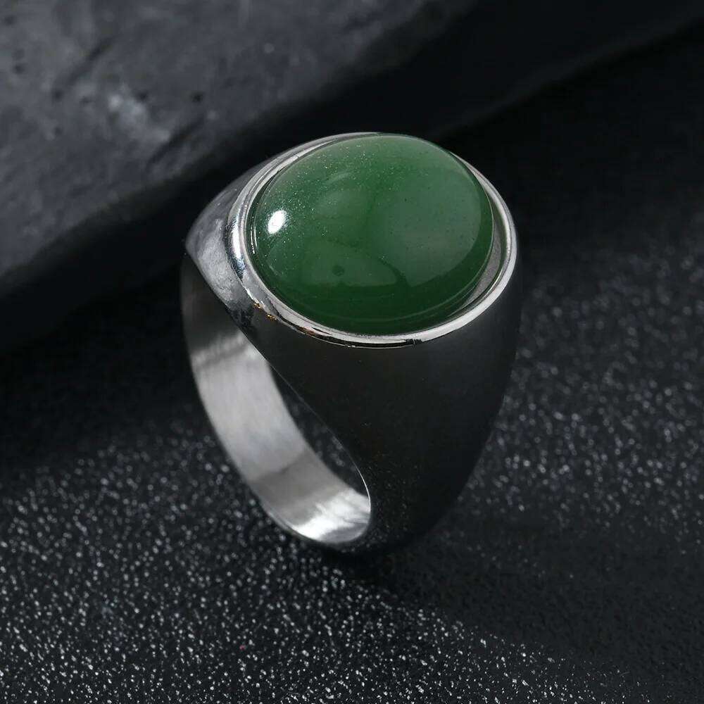Vintage Men's Women Stainless Steel Oval Natural Stone Opals Rings Wedding Bands