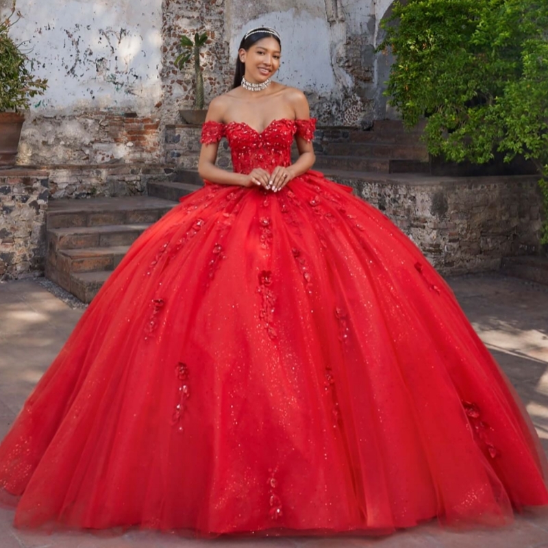 Red Shiny Quinceanera Dresses Off The Shoulder Applique Flower Beading Crystal Bow Tull Party Birthday Sweet 16 Dress Vestidos 15 De Anos