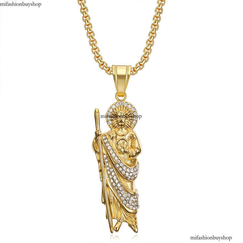 Hip Hop St.Jude Pendant Necklace Full Zircon 316L Stainless Steel Gold Plated Mens Jewelry