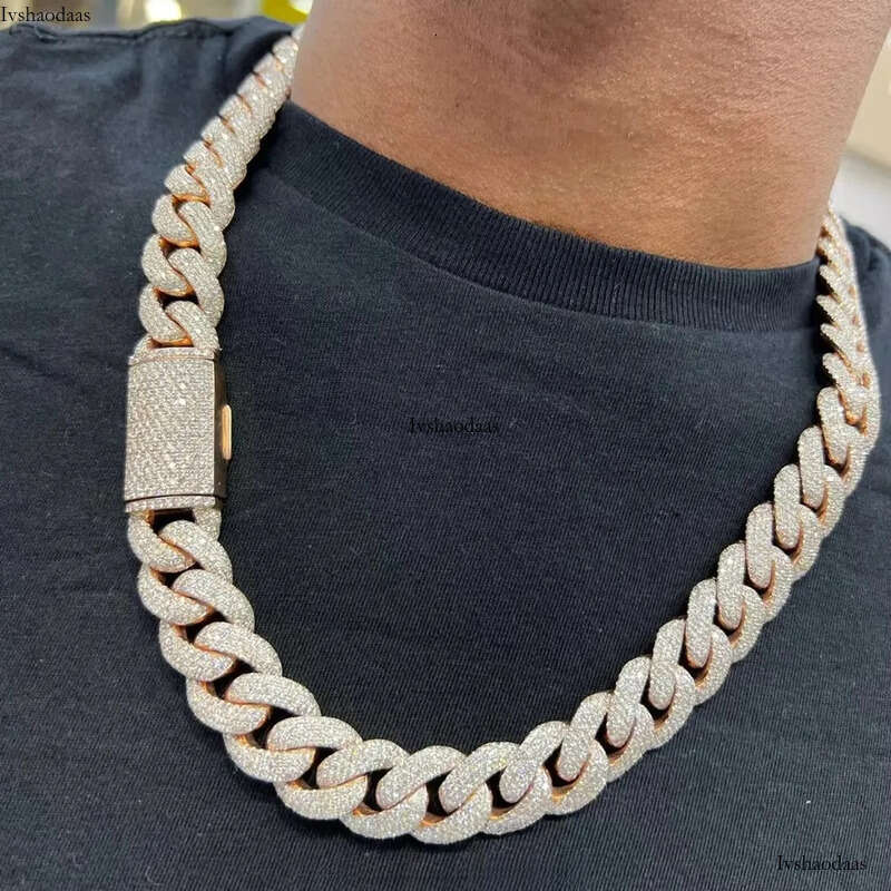 Custom Heavy Sier for Men 13mm-22mm Width S Solid Rose Gold Plated VVS Moissanite Dia Cuban Link Chain
