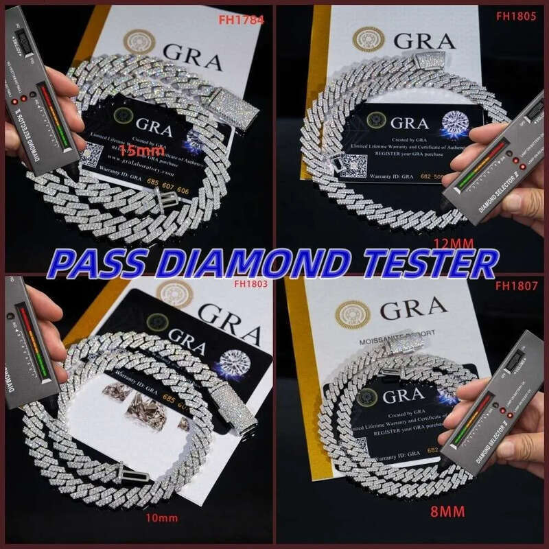 Iced out vvs 2 rows miami gold necklace sterling sier dia moissanite cuban link chain
