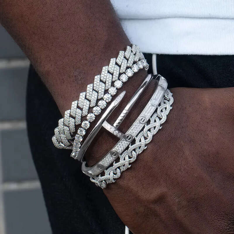 10/12/16/19MM Two Rows VVS Iced Out Dia Sterg Sier Men Necklace Miami Moissanite Cuban k Chain