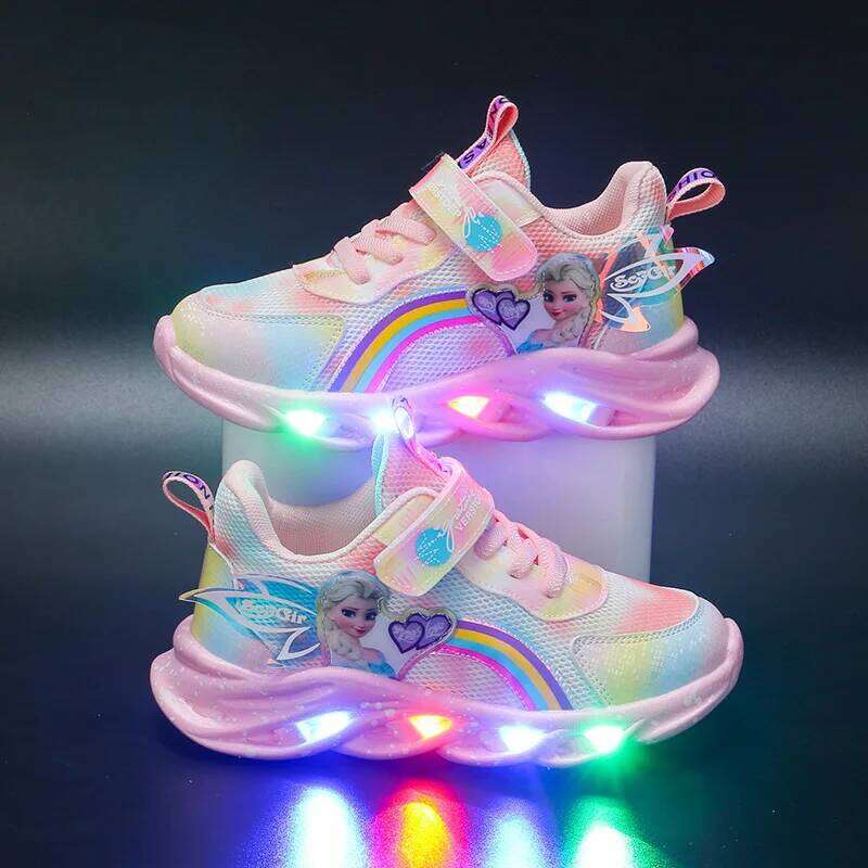 Girls' Casual Led Lights Mesh Breathable Children's Sports Princess Elsa Pink Purple Shoes Sneakers Size 22-37
