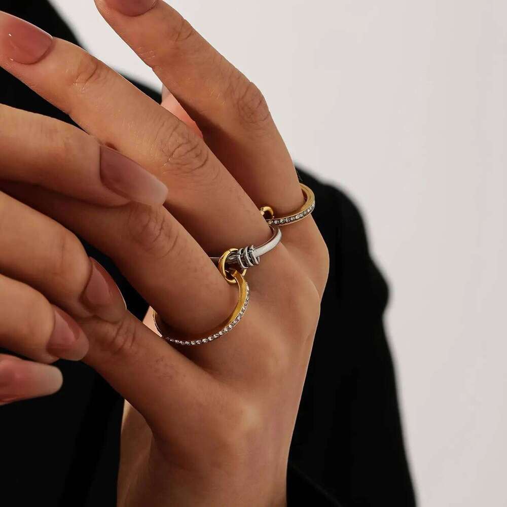 New Stainless Steel Cubic Zirconia Stackable Rings for Women GoldPlating Multi-Link Connected Statement Ring Stack Jewelry