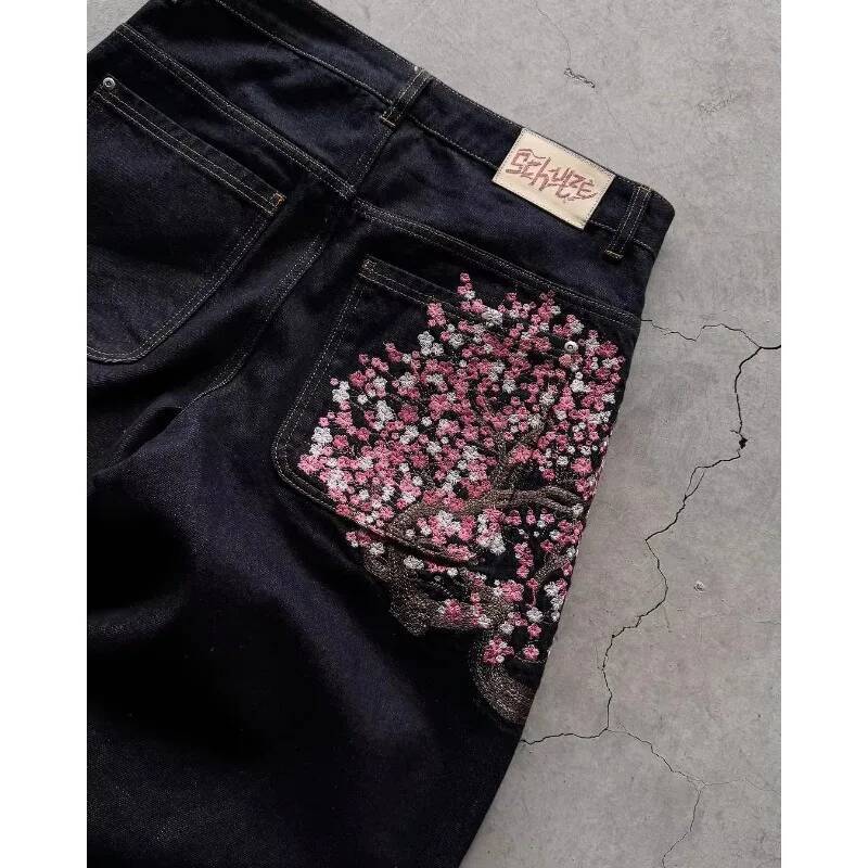 Sakura embroidered jeans Personalized street fashion wide legs multifunctional washing spread couple hip hop pants dongdumaoyi