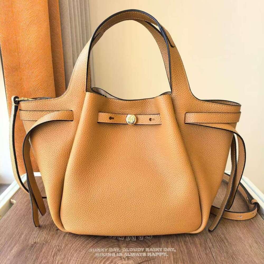 TB Women's Cowhide Tote Single Shoulder Crossbody Handbag Large Capacity Genuine Leather Drawstring Basket Romy Bucket Bag