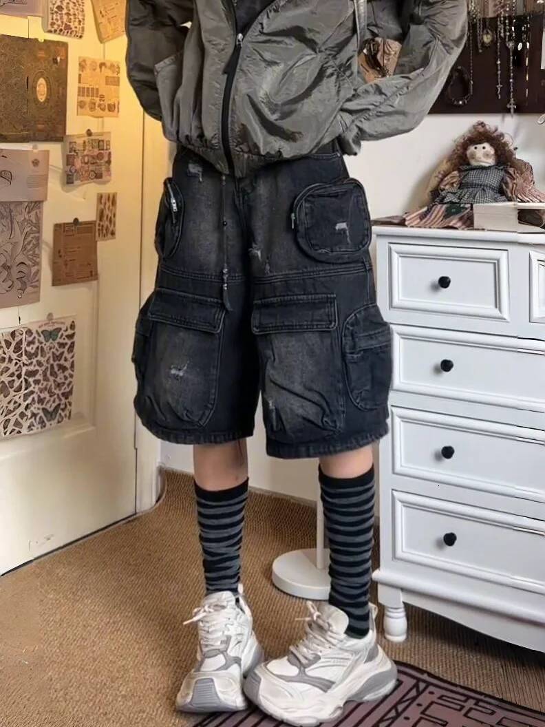 American street oversized washed vintage multi pocket women workwear denim shorts high waisted straight leg pants dongdumaoyi