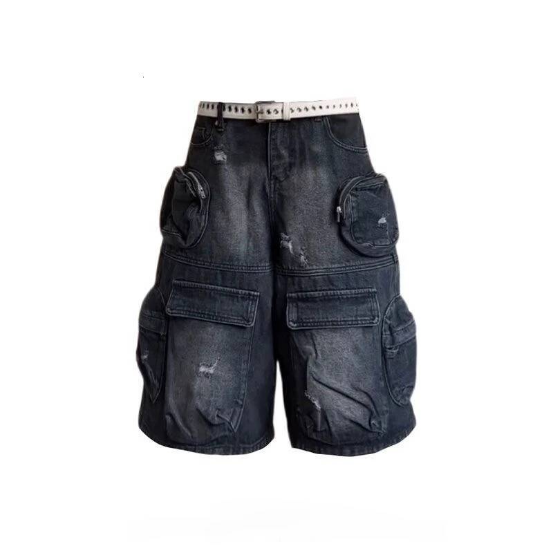 American street oversized washed vintage multi pocket women workwear denim shorts high waisted straight leg pants dongdumaoyi