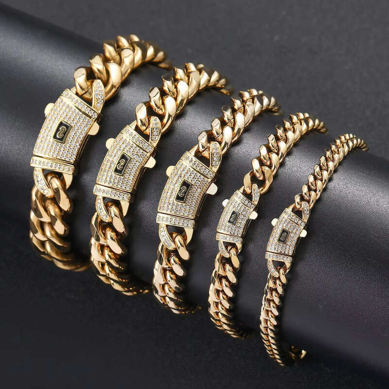 BES 6-14mm Miami Bracelet Set 14K Gold Stainless Steel Monaco Cuban Link Chain Necklace Hip Hop for Men
