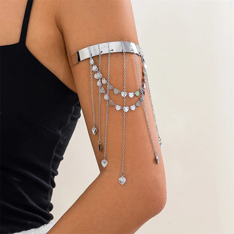 Vintage Star Heart Fringe Open Upper Arm Bangle for Women Gold Color Long Link Chain Bracelet Bohemia Star Party Jewelry Gift 250930