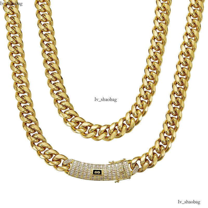 6-14mm Solid Stainless Steel Miami Cuban Chain Necklace Bracelets T Zircon Long Clasp 14K Gold Plated Jewelry