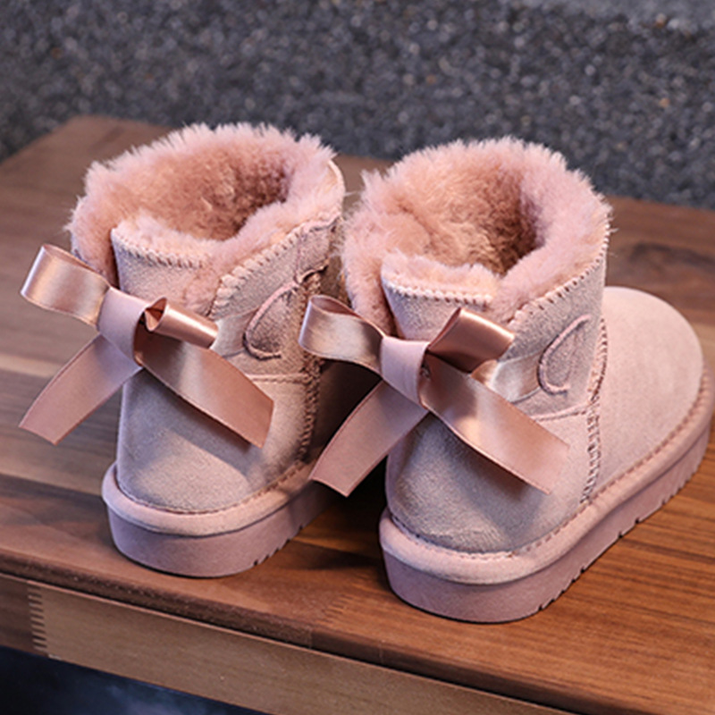 EBV designer shoes free shipping High quality cowhide new warm and anti slip fashionable bow children's snow boots size 25-36 black brown pink