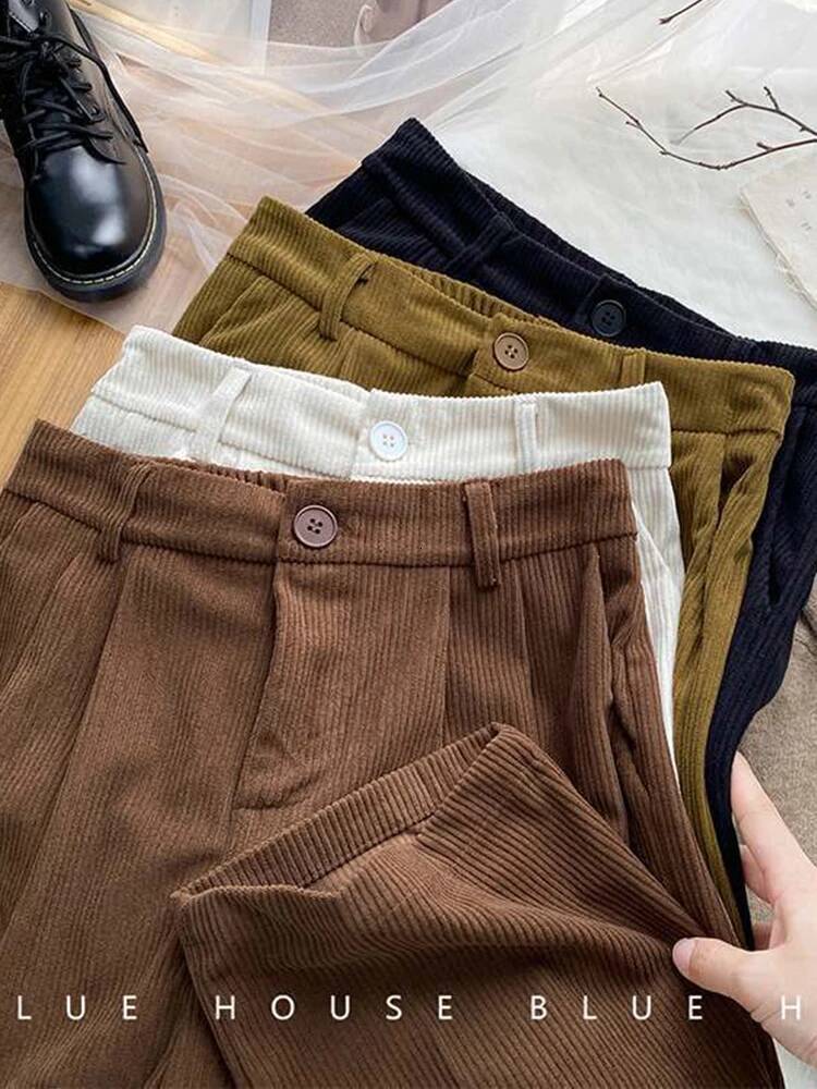 High Waist Women Retro Corduroy Fall Straight Causal Full Length Trousers Vintage Coffee Pockets All Match Pants New dongdumaoyi