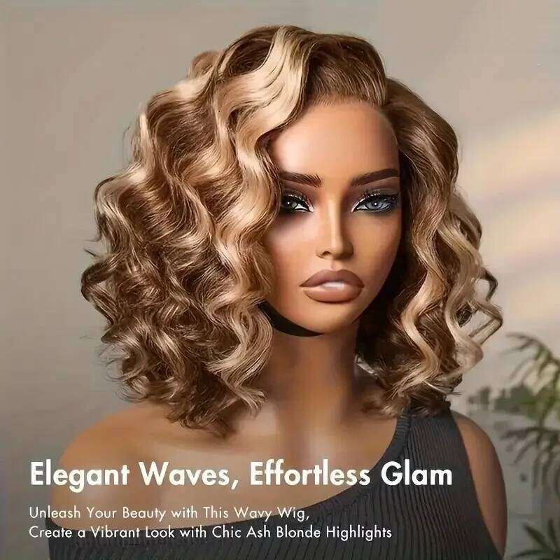 250% Highlight Body Wave 13X6 HD Lace Frontal Wig #4/27 Short Honey Blonde Bob Glueless Wigs For Summer 13X6x1 T Part Xiusiyuan2510