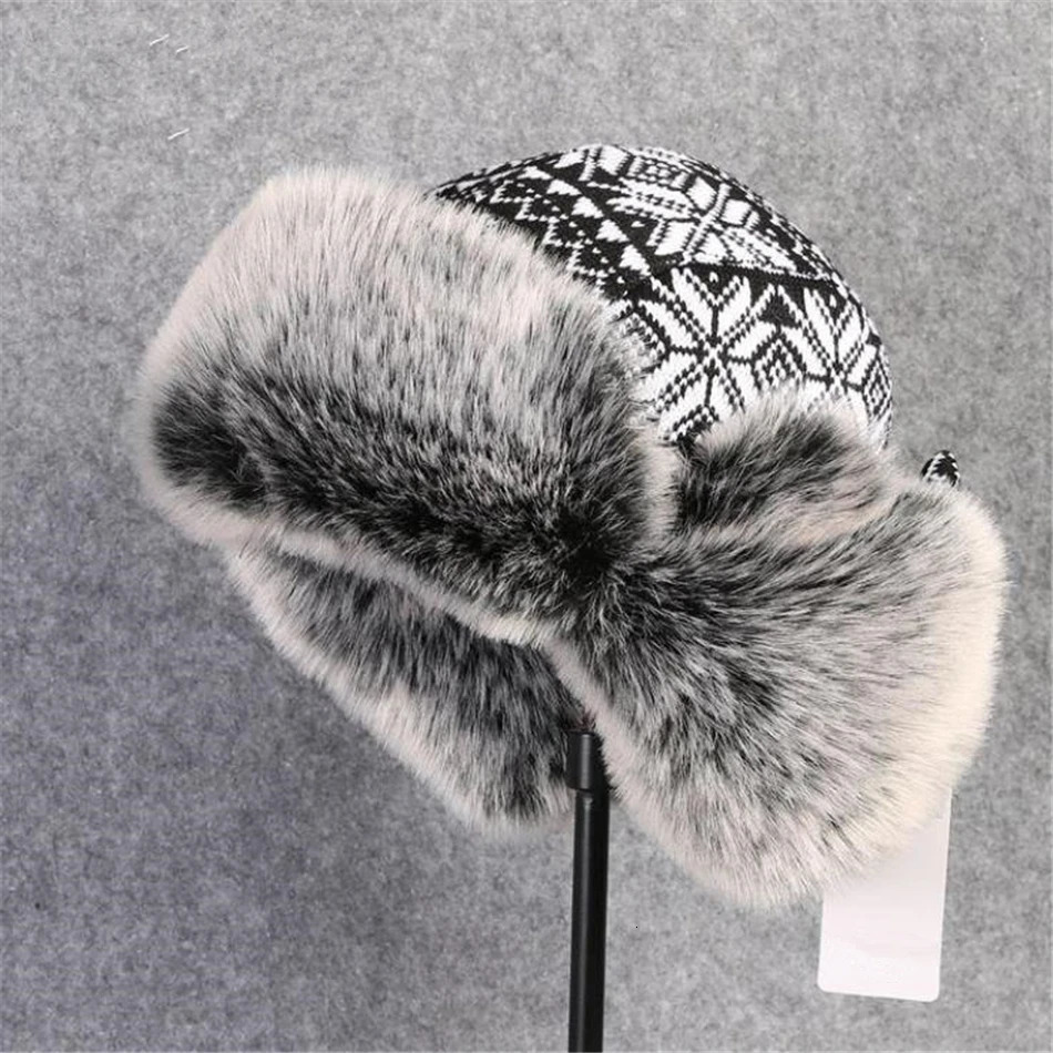 BUTTERMERE Russian Fur Hat Ushanka Black White Bomber Hats Male Female Ear Flaps Winter Thick Warm Knitting Outdoor Trapper Hat 250929