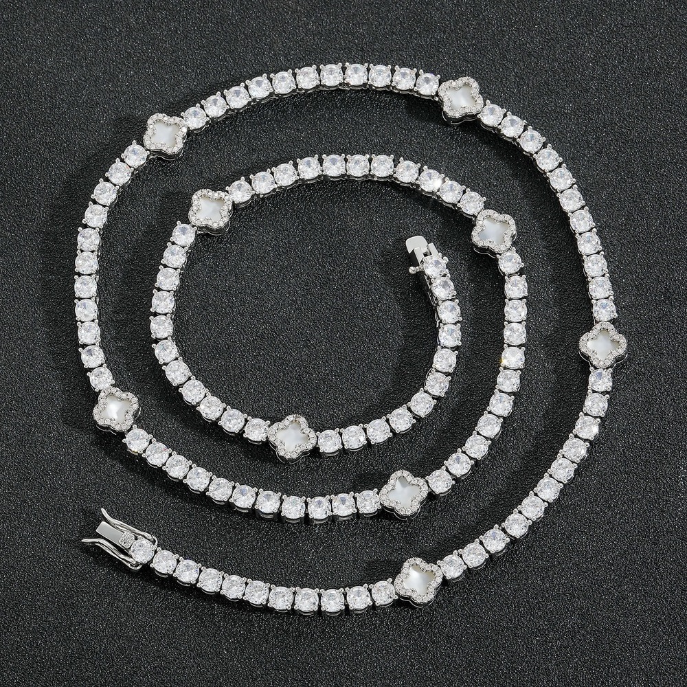 Accept Customized Natural Clover Black Agate White Gold Plated Tennis Chain Necklace Moissanite Silver Chains Jewelry Necklace