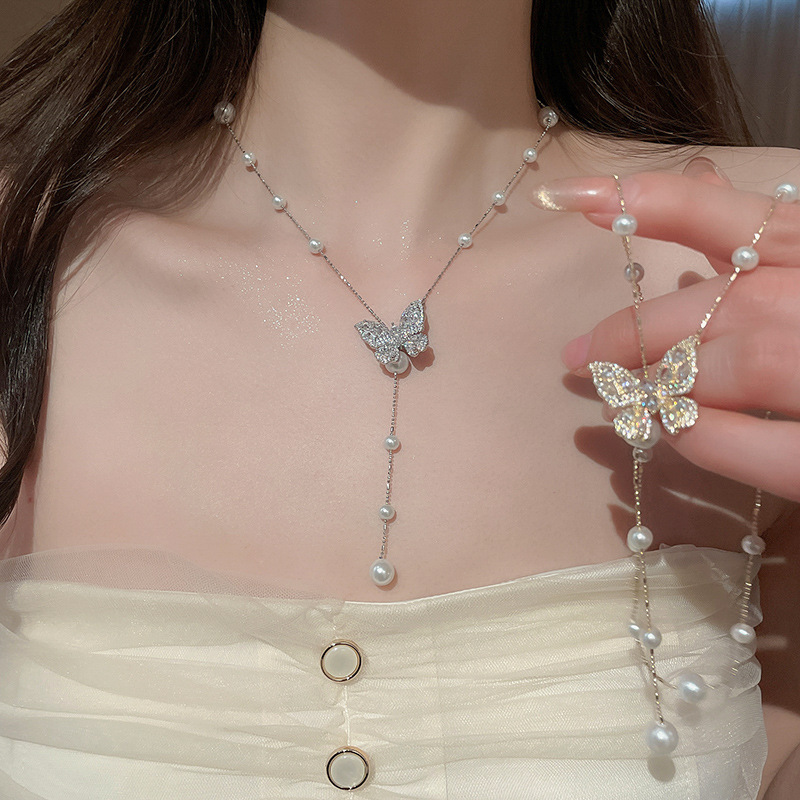 Real Gold Plated Zircon Butterfly Pearl Tassel Necklace Internet Celebrity Style Collarbone Chain Super Fairy Sweet High-end Sense Choker for Women