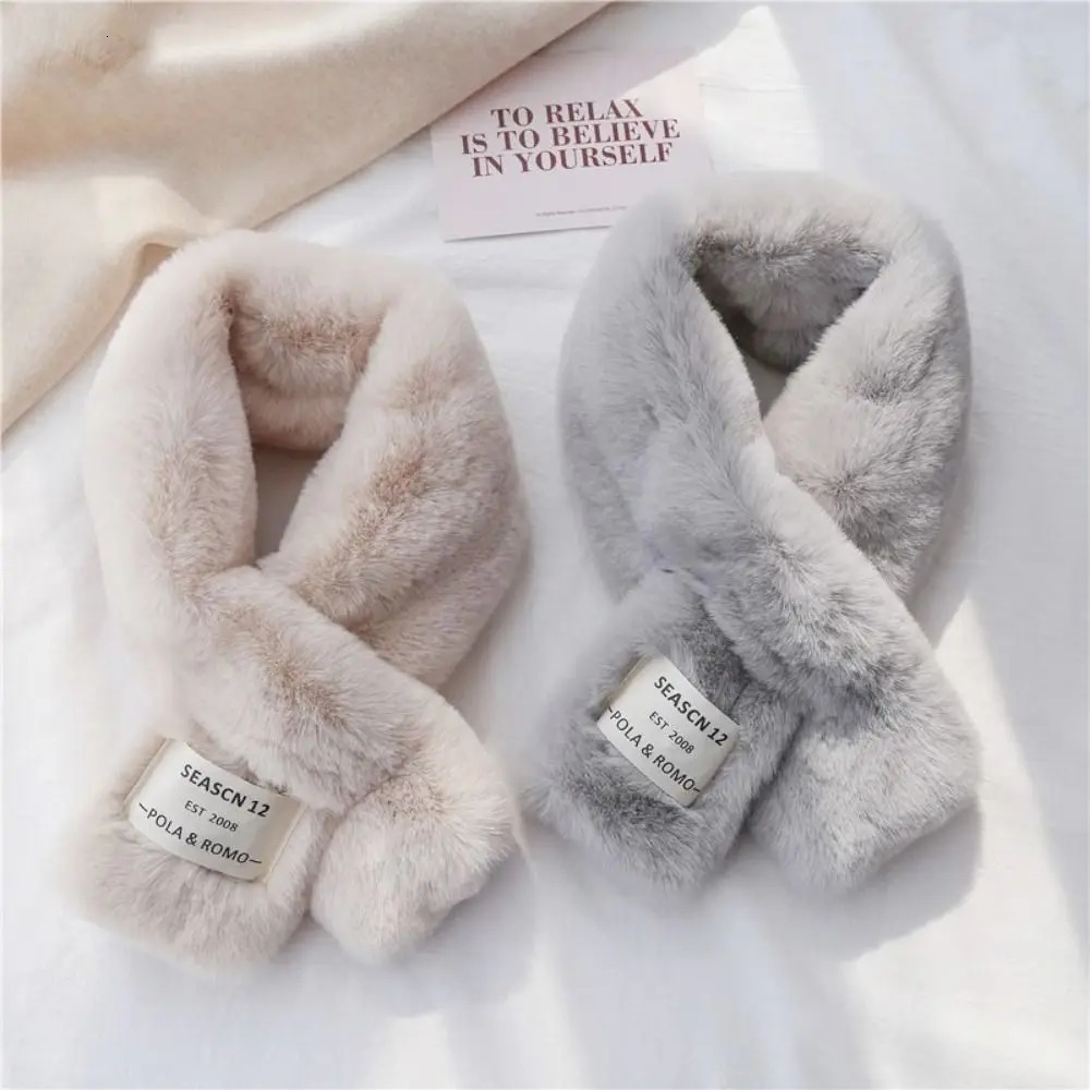 Winter Warm Solid Color Cross Scarf Faux Rabbit Fur Plush Thicken Neck Scarf Neckerchief Wrap Women 250929