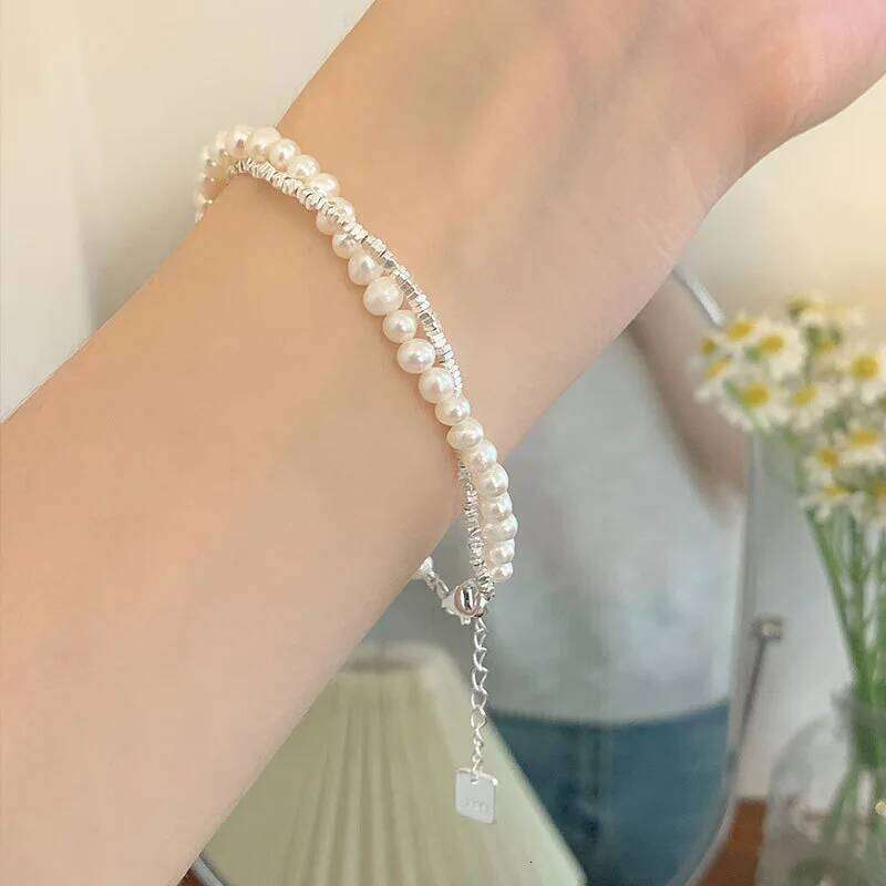Fashion Sterling for Women Korean Double Layer Pearl Sier Chain Bracelets Party Jewelry Gift