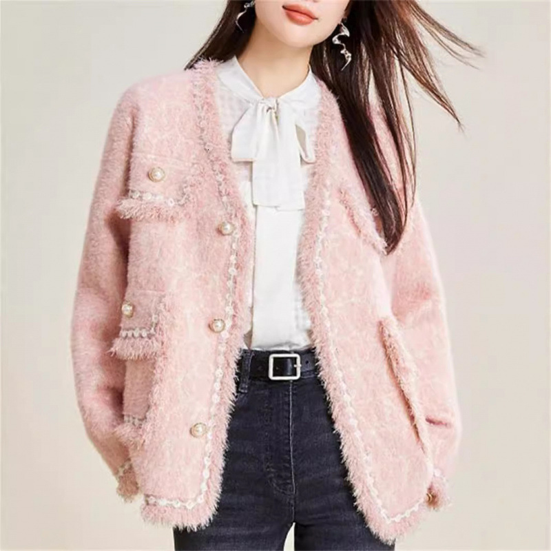 2025 Korean Knitted Jacket Autumn Designer Jacket New Tassel Imitation Mink Velvet Sweater Coarse Wool Short Coat Open Knitted Wool Sweater New Luxury