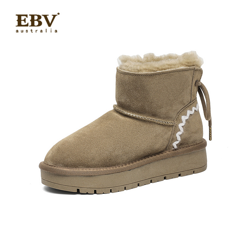 EBV designer shoes hot free shipping High quality Sheepskin fur on Leather short waterproof winter new keep warm plush bow cotton shoes for woman brow