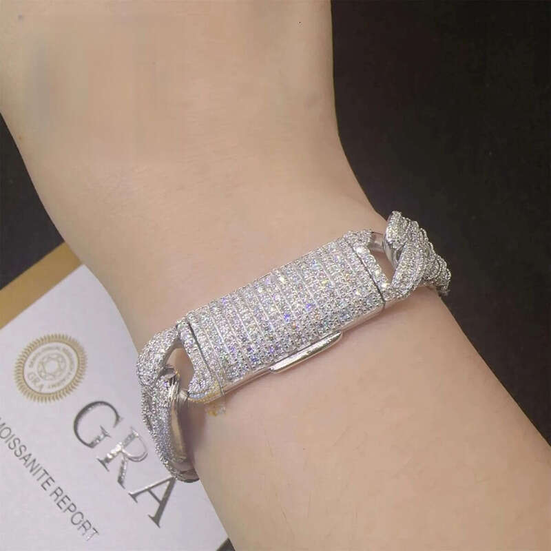 13mm Rapper Style Solid Sier Iced Out Hip Hop Jewelry VVS1 Moissanite Dia Cuban Link Chain Bracelet Men