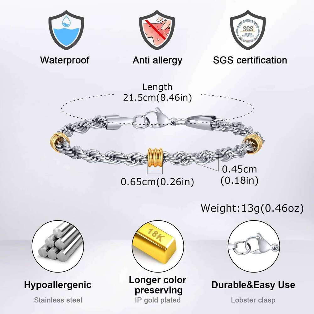Vnox Stylish Rope Chain Bracelets with Tubes Charms,Simple Cuban Links Bracelets,Stainless Steel Trendy Fashion Writband Jewelry
