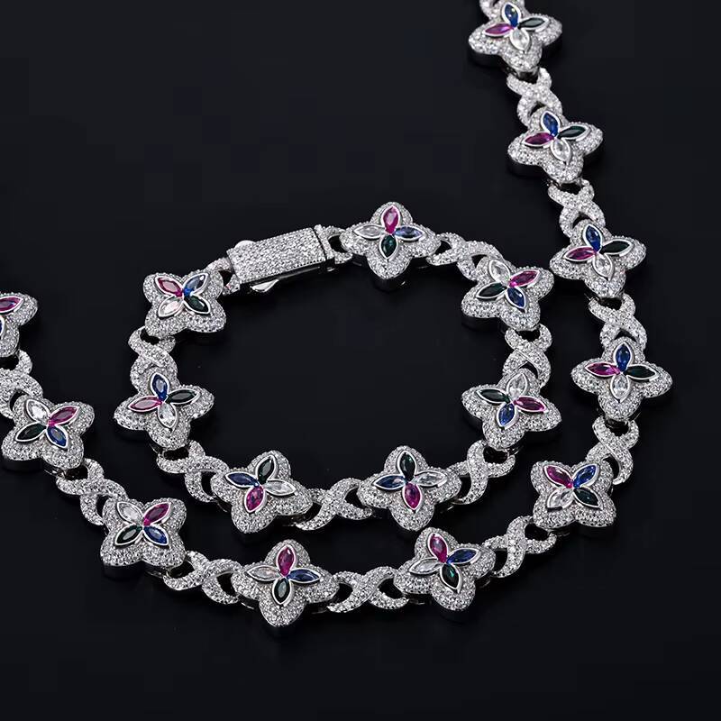 Hot Selling Men Popular 18mm 925 Sterling Silver Iced Out Hip Hop Infinity Clover Moissanite Cuban Bracelet Moissanite Necklace