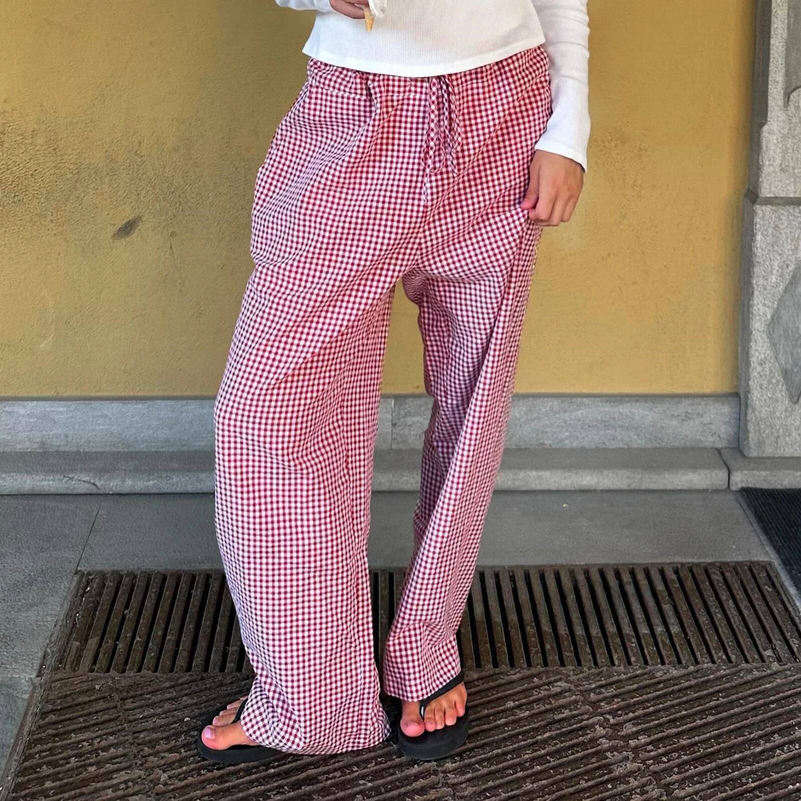 Combhasaki Women's Y2K Retro Aesthetic Wide Leg Drawstring Thin Pants Summer Casual Elastic Plaid Loose Trousers with Pockets dongdumaoyi