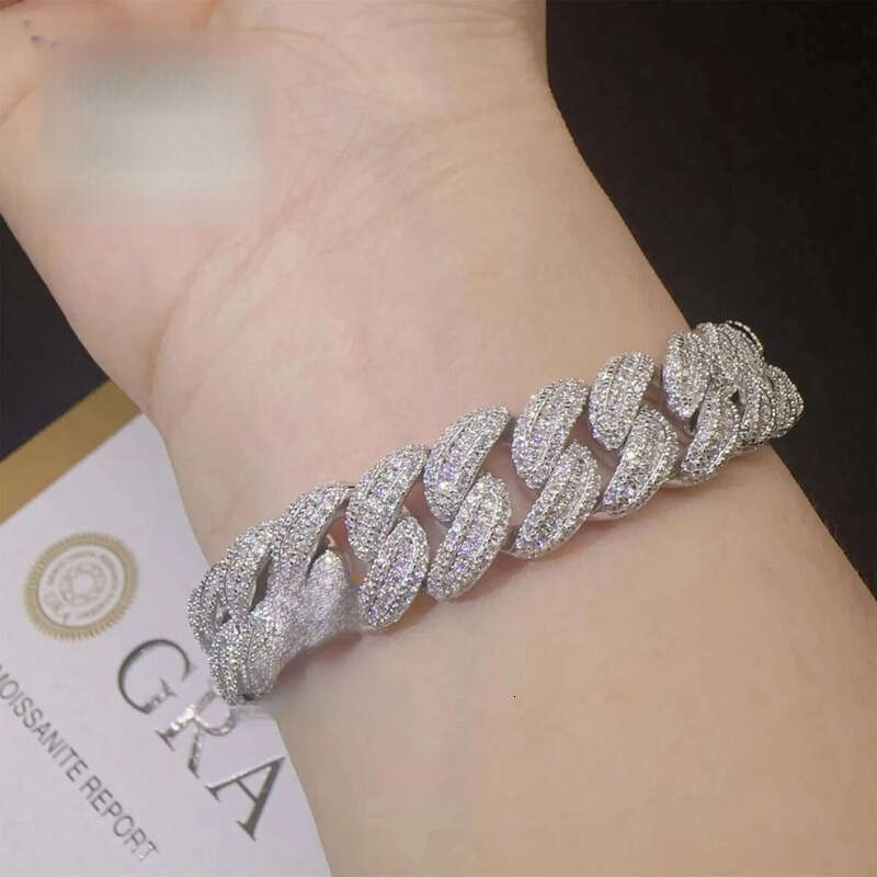 13mm Rapper Style Solid Sier Iced Out Hip Hop Jewelry VVS1 Moissanite Dia Cuban Link Chain Bracelet Men