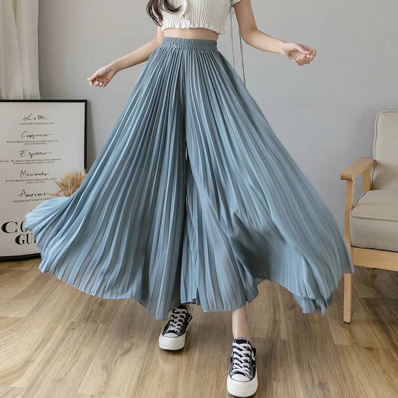 Women Elegant Chiffon High Waist Wide Leg Pants Casual Korean Fashion Pleated Loose Trousers Clothes Comodi Pantalones De Mujer dongdumaoyi