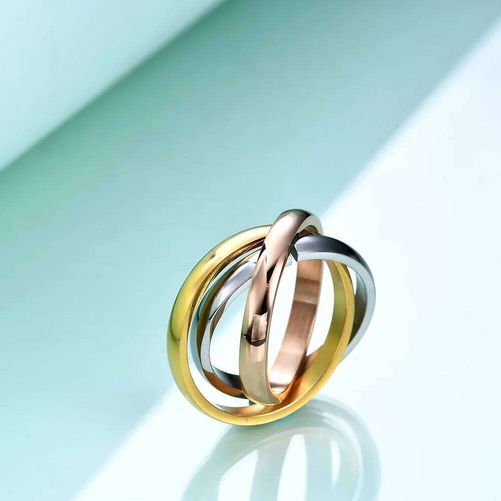 HNSP Stainless Steel Three Circle Ring For Women Girl Finger Jewelry Accessories Anti-fading Waterproof US Size 6-9