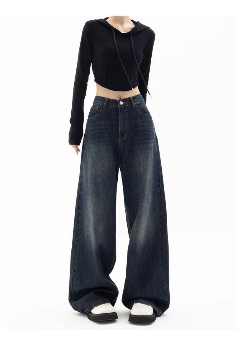 Retro Street Style Wide Leg Niche Design Floor Length Pants High Waisted Loose Fit Slimming Jeans For Women dongdumaoyi