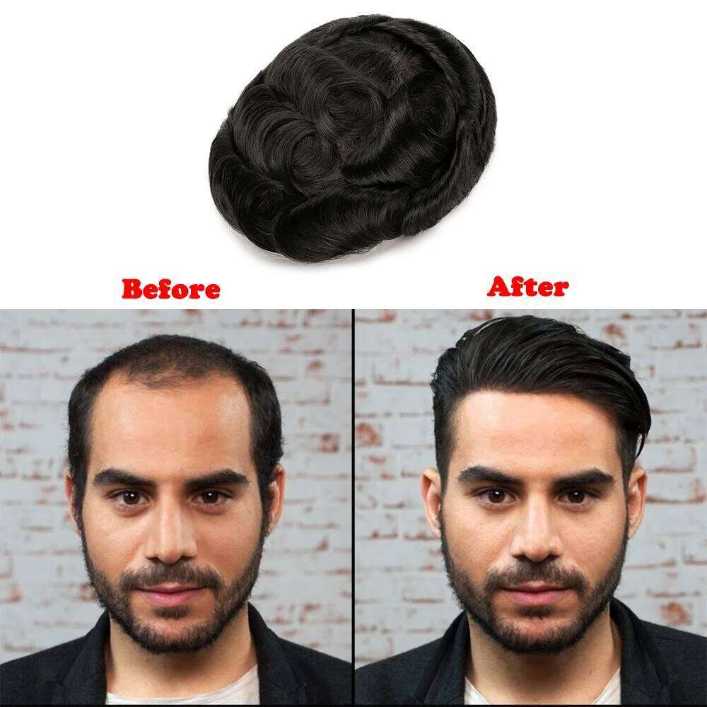 0.06mm Thin Skin Natural Hairline Men's Capillary Prothesis Toupee Men Wigs Male Wig System 100% Human Hair