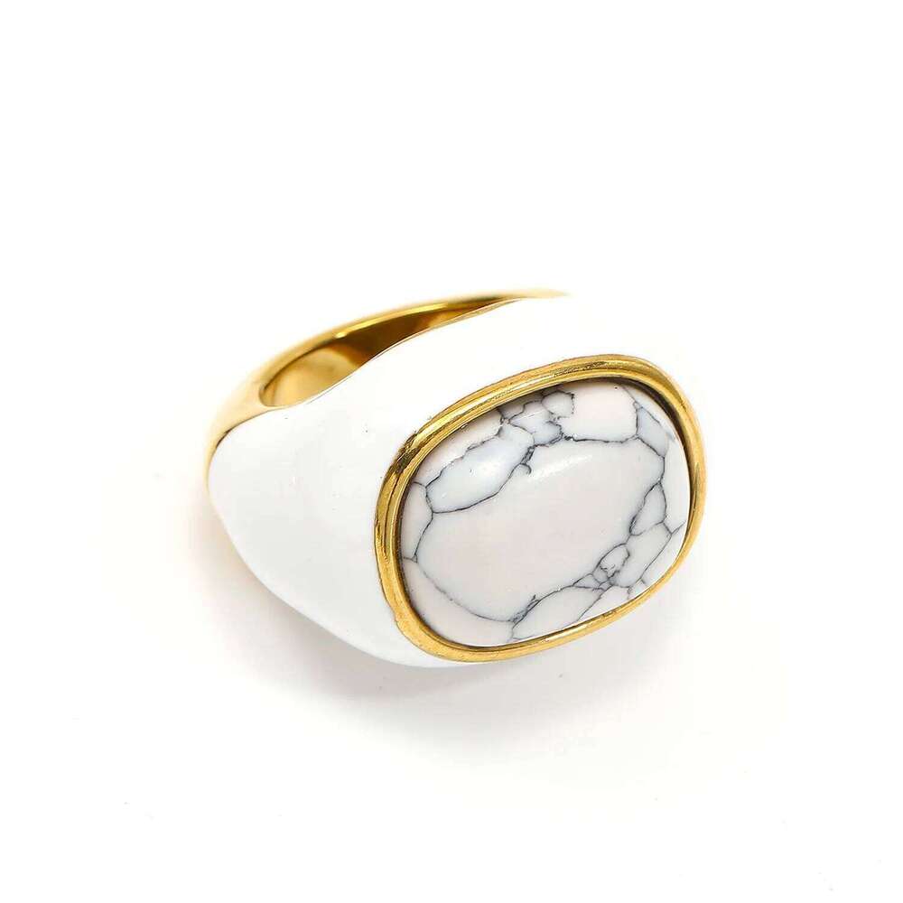 Natural Gemstone Enamel for Women Gold Plated Stainless Steel Statement Ring Wholesale