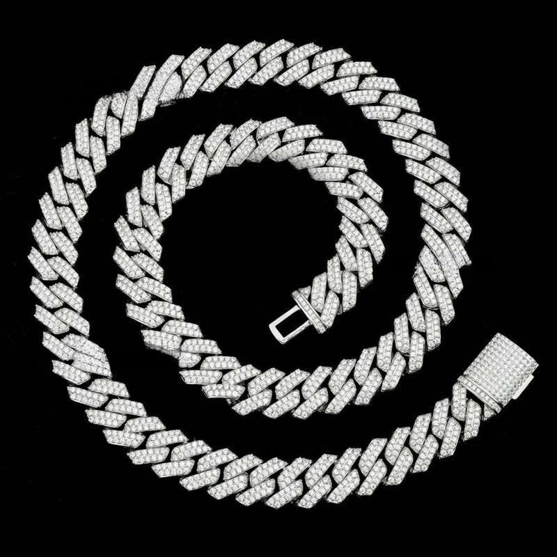 Iced Out Hip Hop Vvs1 2 Rows 14mm Miami Necklace Sterling Sier Dia Moissanite Cuban Link Chain