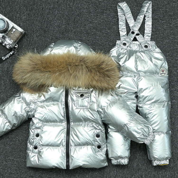 New Winter Edition Kids Down Jacket Overalls Set Big Fur Collar Boys Girls Babies Children's Clothing Skiing Clothes